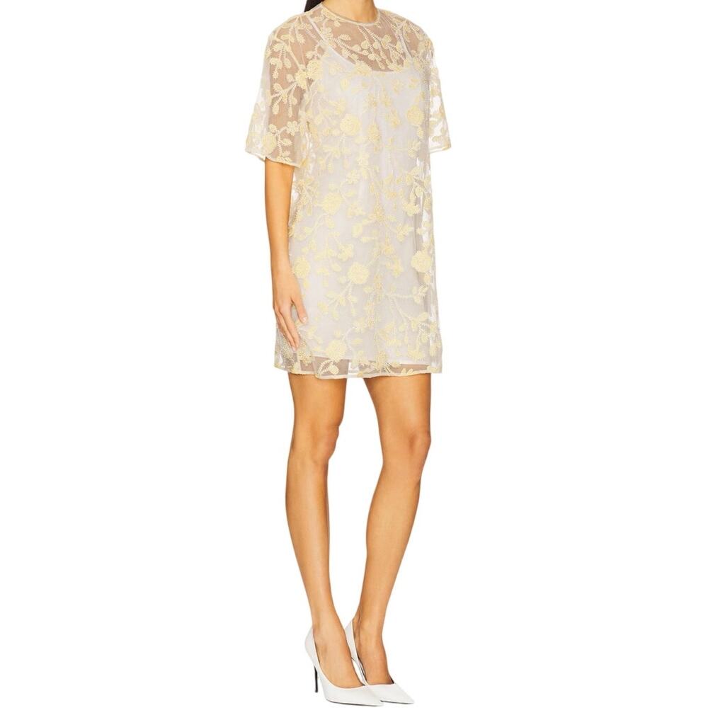 NWT ROTATE Laria Egret Mesh Tulle Yellow Floral Beaded Embroidery Mini T-Shirt